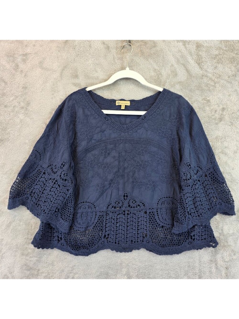 Democracy Blouse Womens XL Blue Crochet Lace V Neck Kimono Sleeve Boho